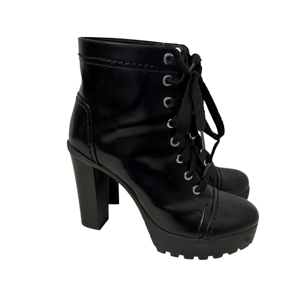 Schutz Black Leather Combat Boots Womens Size 8 B Heel Lace Up